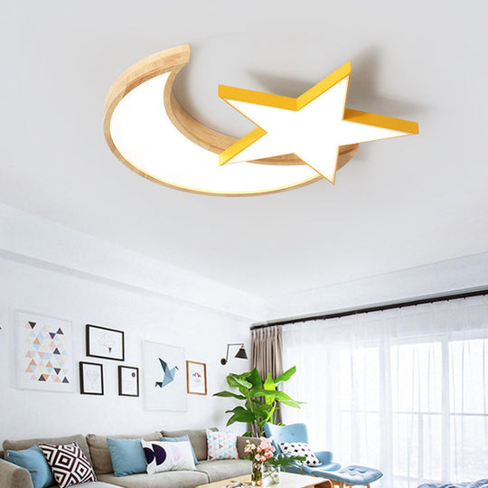 Nordic Crescent & Moon LED Ceiling Light for Kindergarten - Acrylic Wood Finish