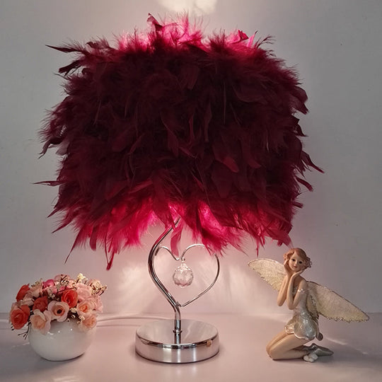 Riley - Modern Modern Single Nightstand Lamp Red/White/Pink Bucket Shaped Table Light with Feather Shade and Crystal Drop