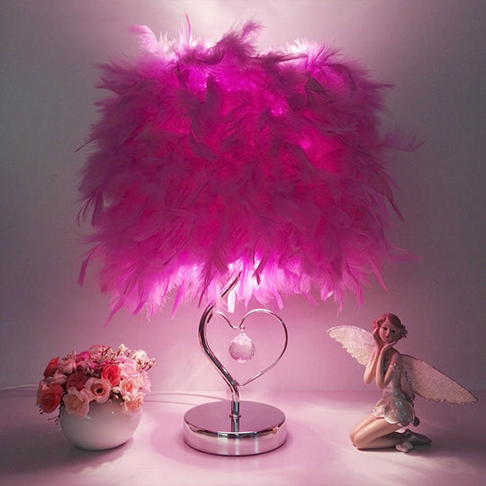 Contemporary Single Nightstand Lamp: Bucket Shaped Table Light In Red/White/Pink With Feather Shade