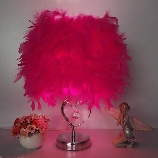 Contemporary Single Nightstand Lamp: Bucket Shaped Table Light In Red/White/Pink With Feather Shade