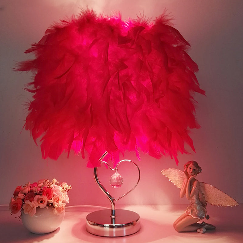 Riley - Modern Modern Single Nightstand Lamp Red/White/Pink Bucket Shaped Table Light with Feather Shade and Crystal Drop