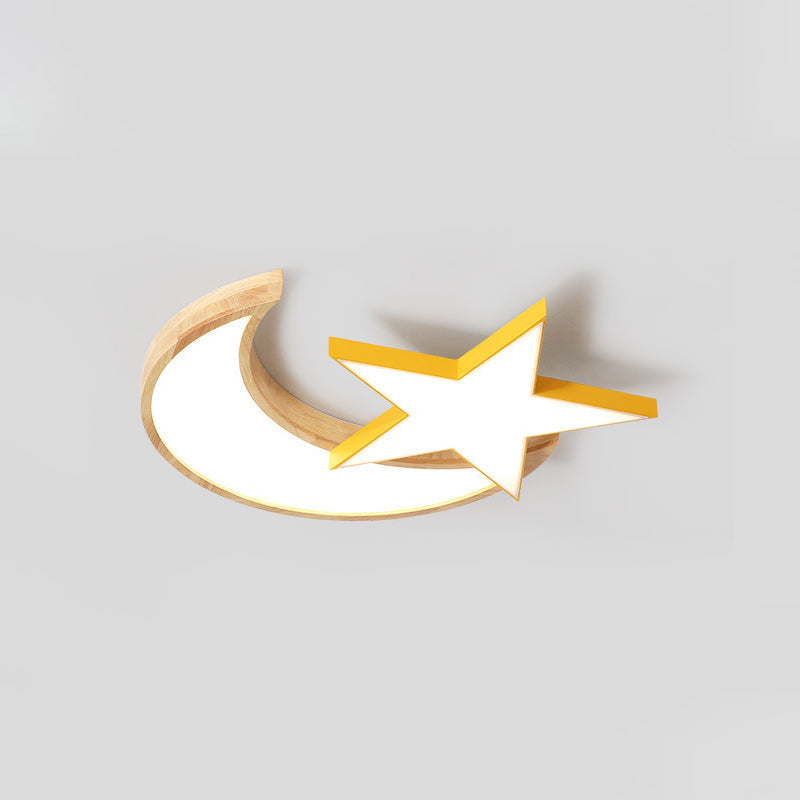 Nordic Crescent & Moon LED Ceiling Light for Kindergarten - Acrylic Wood Finish