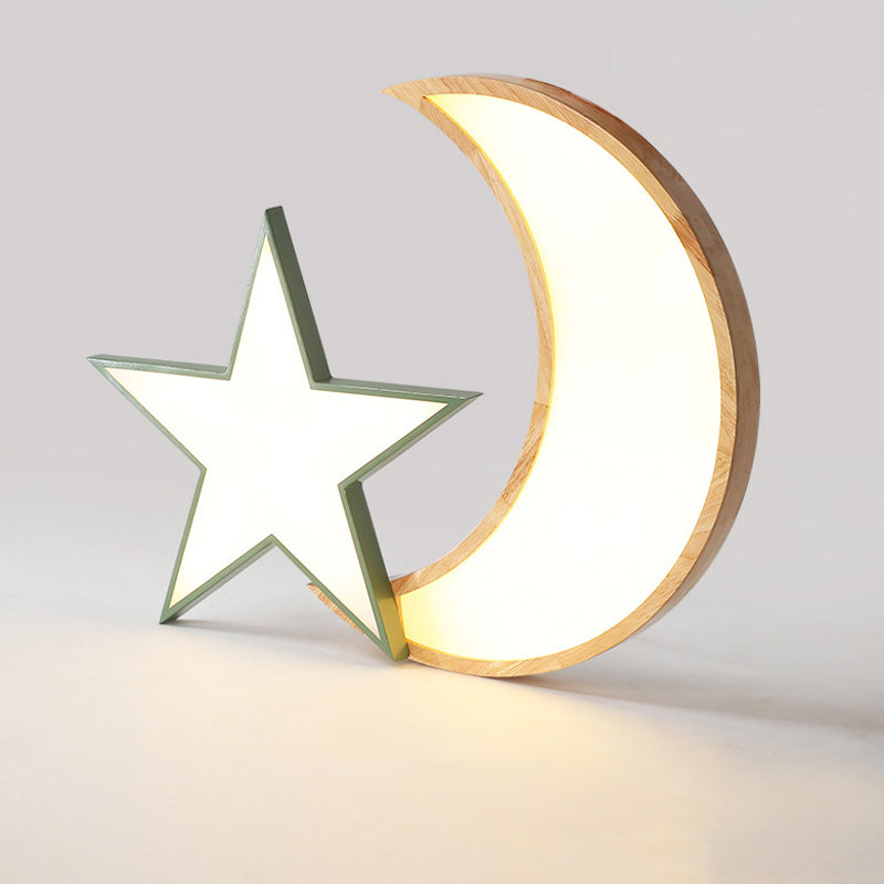 Nordic Crescent & Moon LED Ceiling Light for Kindergarten - Acrylic Wood Finish