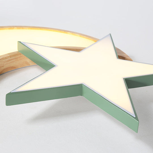 Nordic Crescent & Moon LED Ceiling Light for Kindergarten - Acrylic Wood Finish