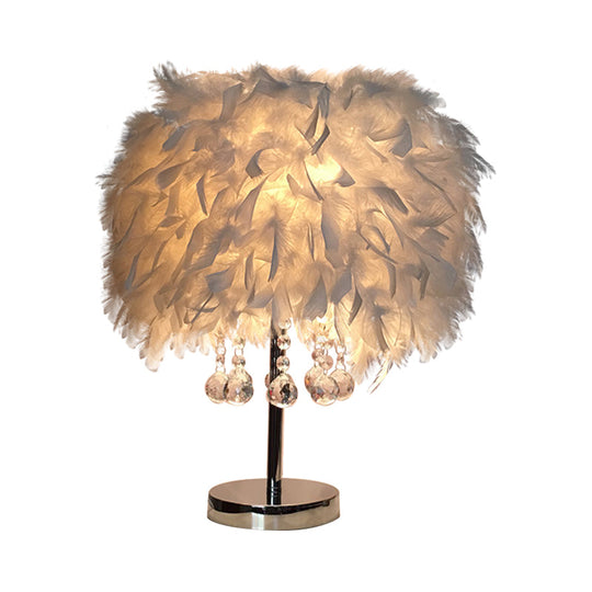 Contemporary Feather Round Night Stand Lamp With Crystal Drop And White/Chrome Base -