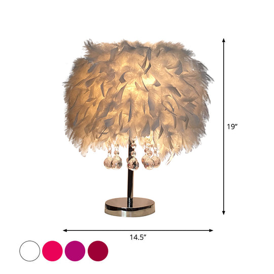 Contemporary Feather Round Night Stand Lamp With Crystal Drop And White/Chrome Base -