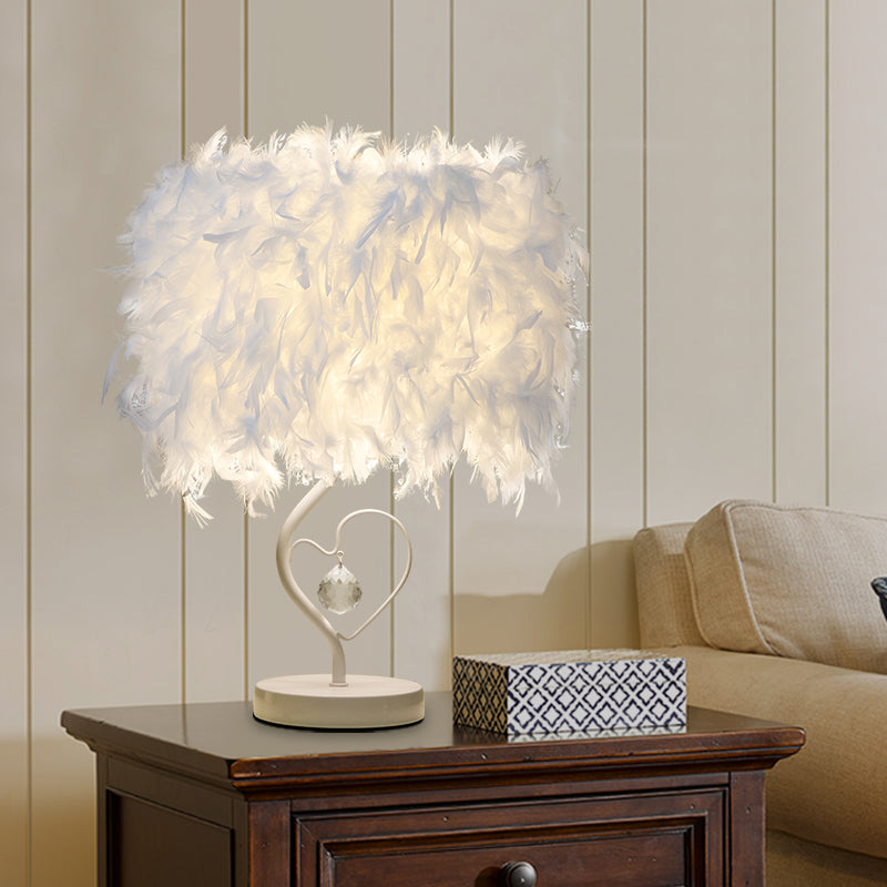 Modern Drum Table Lamp: Feather Light White/Pink/Burgundy Heart Frame Crystal Orb