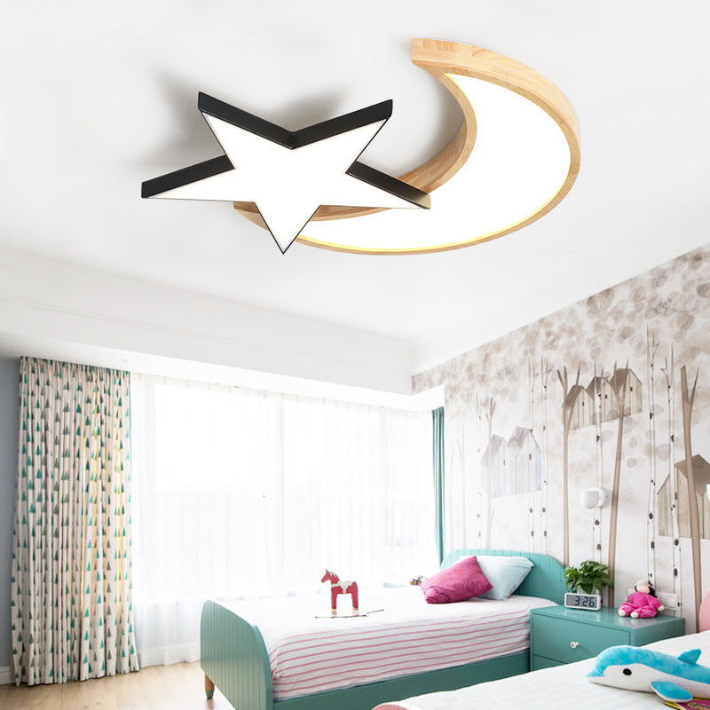 Nordic Crescent & Moon LED Ceiling Light for Kindergarten - Acrylic Wood Finish