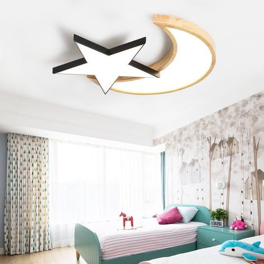 Nordic Crescent & Moon LED Ceiling Light for Kindergarten - Acrylic Wood Finish