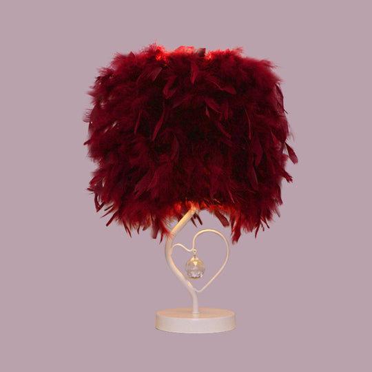 Modern Drum Table Lamp: Feather Light White/Pink/Burgundy Heart Frame Crystal Orb