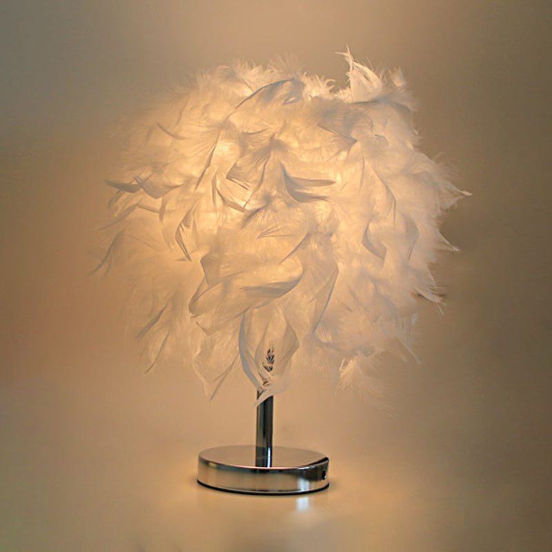 Nordic Feather Cylinder Nightstand Lamp - Elegant 1 Bulb Table Light For Bedroom With White/Chrome