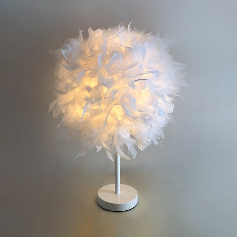 White Nordic Style Feather Sphere 1-Light Table Lamp For Bedroom