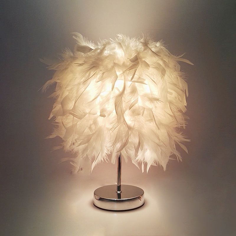 Feathered Ball Table Lamp For Kids Room - 8.5/10 Wide & Simple Design In White/Chrome