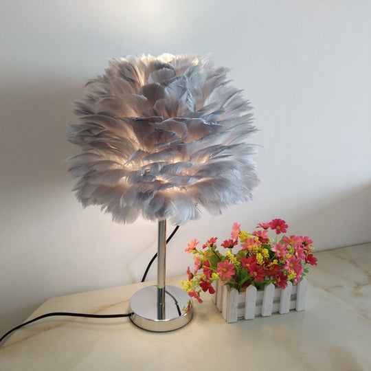 Feathered Modern Artichoke Plug-In Table Light: 1 Light Girls Room Nightstand Lamp (Pink/Grey/White)