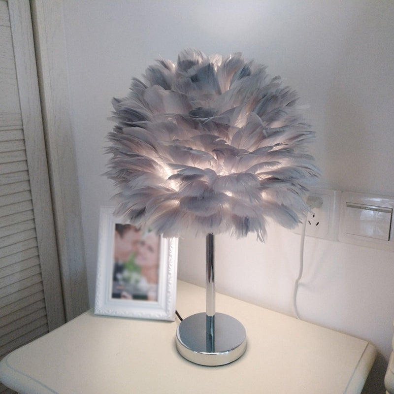 Feathered Modern Artichoke Plug-In Table Light: 1 Light Girls Room Nightstand Lamp (Pink/Grey/White)