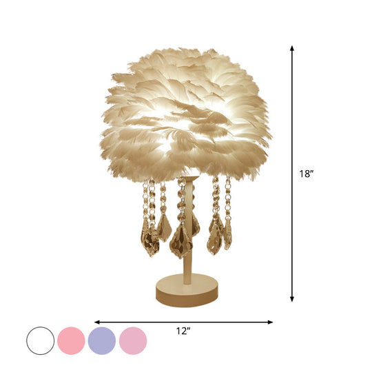 Modern Hemisphere Feather Table Lamp With Crystal Ball And Night Light - Grey/White/Pink