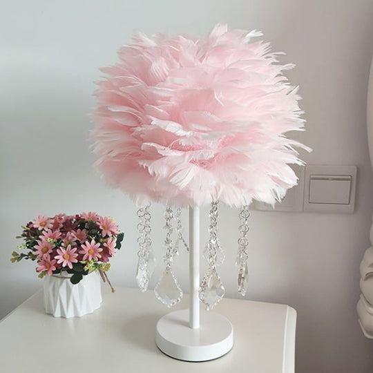 Modern Hemisphere Feather Table Lamp With Crystal Ball And Night Light - Grey/White/Pink