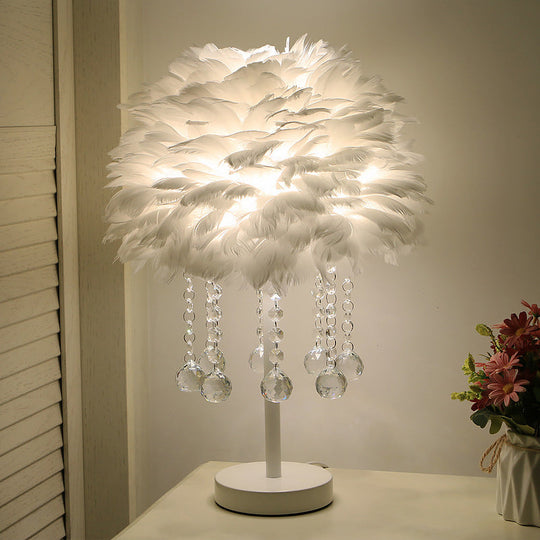 Modern Hemisphere Feather Table Lamp With Crystal Ball And Night Light - Grey/White/Pink