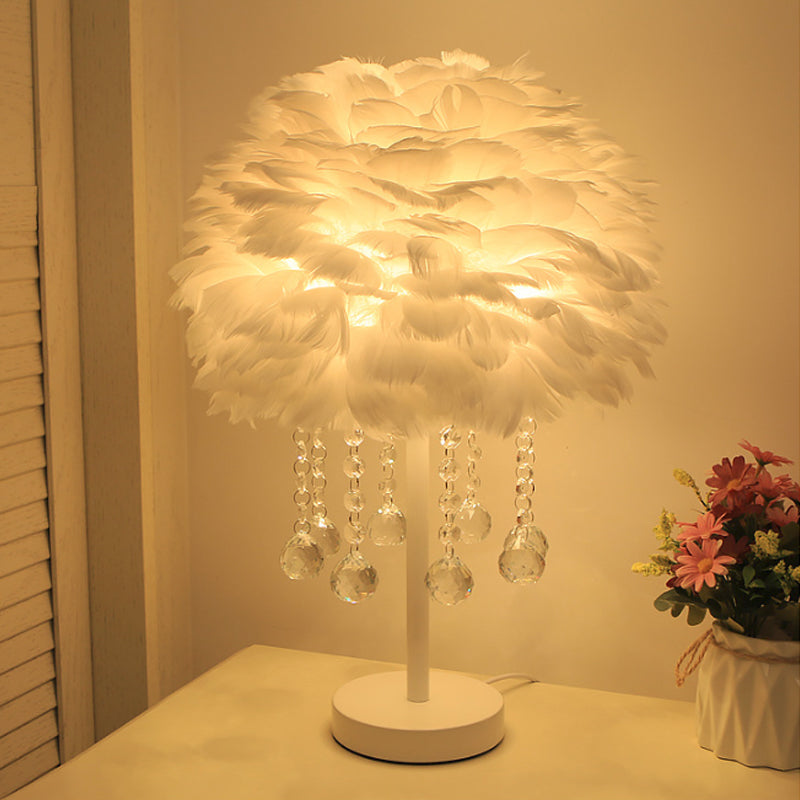 Modern Hemisphere Feather Table Lamp With Crystal Ball And Night Light - Grey/White/Pink