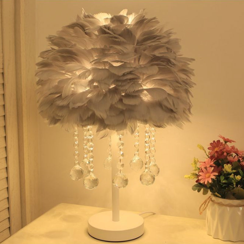 Modern Hemisphere Feather Table Lamp With Crystal Ball And Night Light - Grey/White/Pink