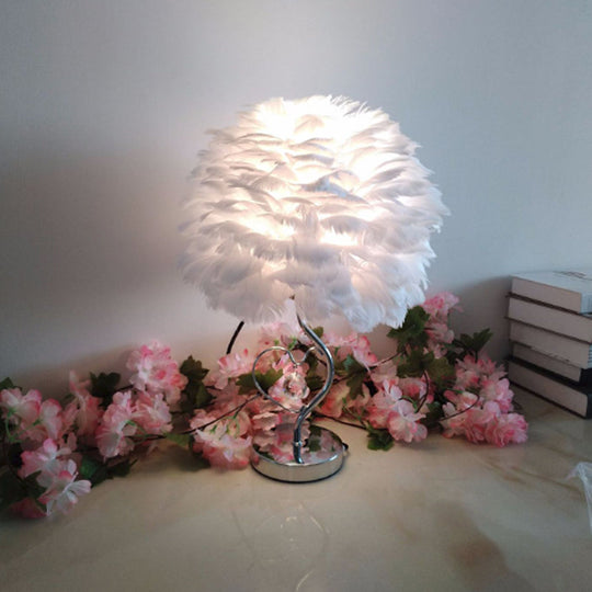 Nordic Grey/Orange/Pink Bedroom Night Lamp - 1-Light Table Light With Feather Shade And Crystal