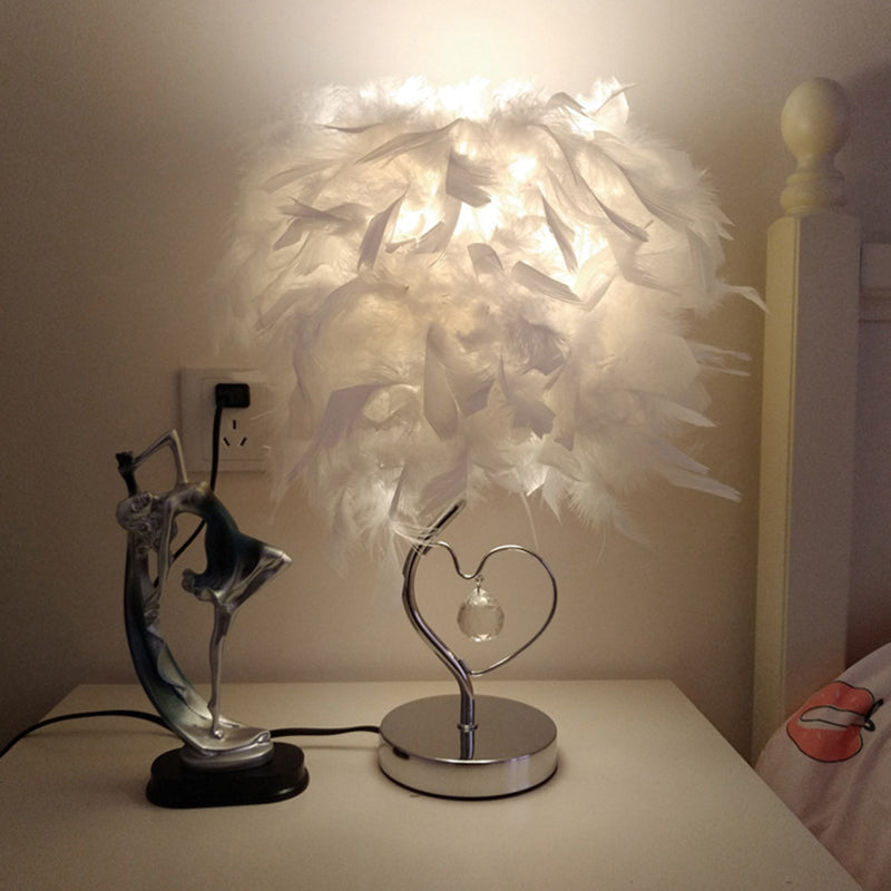 Nordic Loving Heart Night Light Feather Table Lamp In Red/Blue/White - Crystal Decor 1 Bulb For