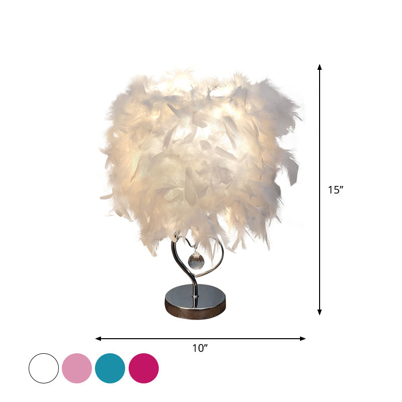 Nordic Loving Heart Night Light Feather Table Lamp In Red/Blue/White - Crystal Decor 1 Bulb For