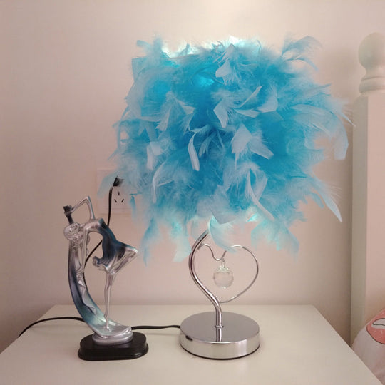 Nordic Loving Heart Night Light Feather Table Lamp In Red/Blue/White - Crystal Decor 1 Bulb For