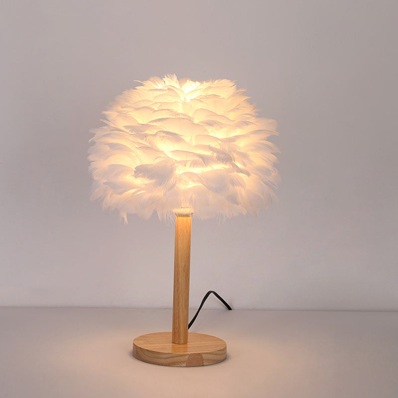 Nordic Feather Dome Nightstand Light - Pink/White/Grey With Wood Pole