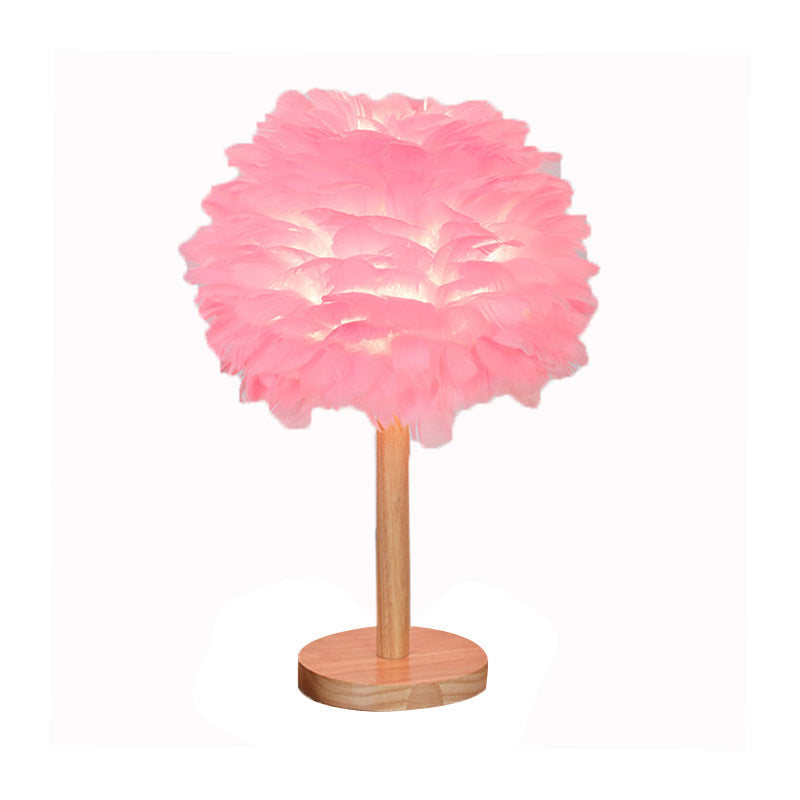 Nordic Feather Dome Nightstand Light - Pink/White/Grey With Wood Pole