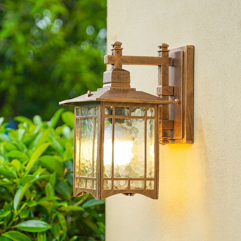 Antiqued Water Glass Rectangle Garden Wall Light - 1 Bulb Black/Brass Sconce Fixture Brass