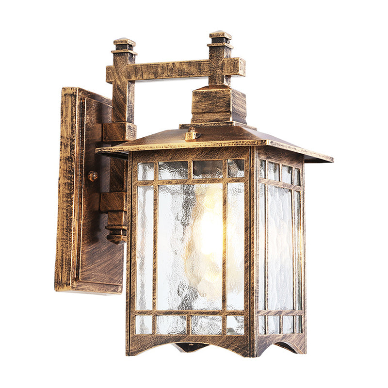 Antiqued Water Glass Rectangle Garden Wall Light - 1 Bulb Black/Brass Sconce Fixture