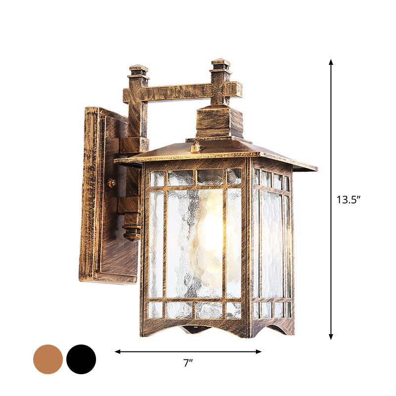 Antiqued Water Glass Rectangle Garden Wall Light - 1 Bulb Black/Brass Sconce Fixture