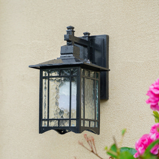 Antiqued Water Glass Rectangle Garden Wall Light - 1 Bulb Black/Brass Sconce Fixture Black