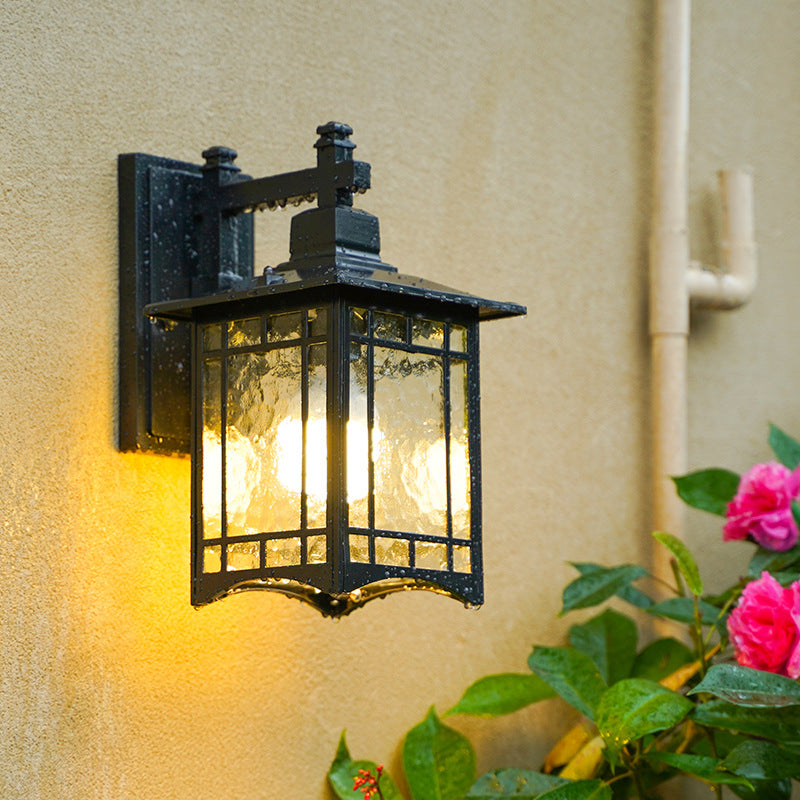 Antiqued Water Glass Rectangle Garden Wall Light - 1 Bulb Black/Brass Sconce Fixture