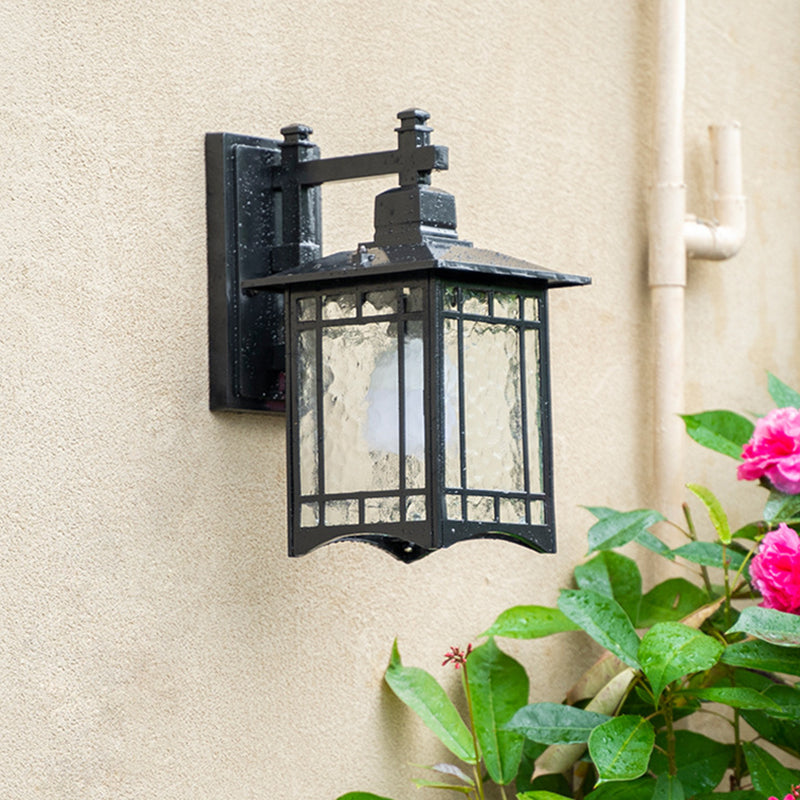 Antiqued Water Glass Rectangle Garden Wall Light - 1 Bulb Black/Brass Sconce Fixture