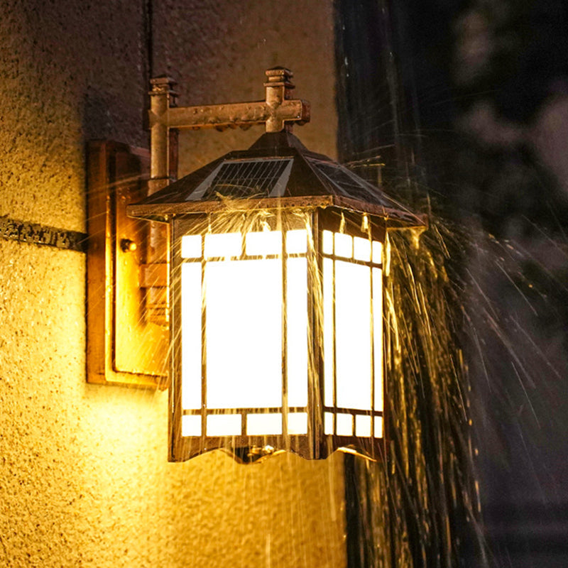 Solar-Powered Led House Sconce Light: Country Black/Brass With Frosted Glass Wall-Mounted Fixture