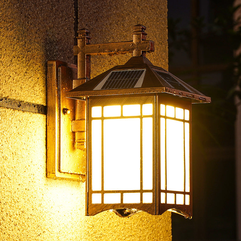 Solar-Powered Led House Sconce Light: Country Black/Brass With Frosted Glass Wall-Mounted Fixture