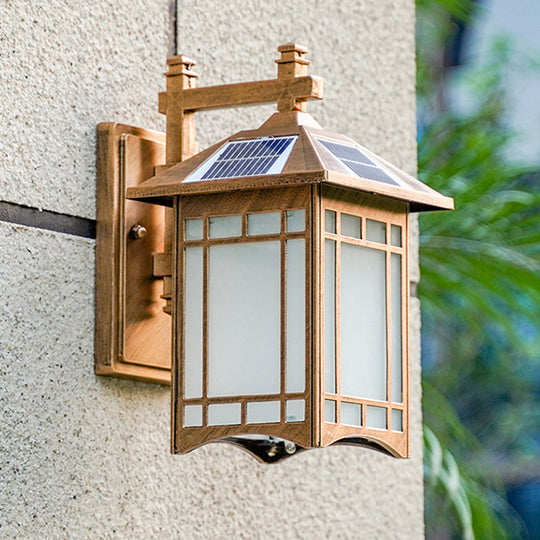 Solar-Powered Led House Sconce Light: Country Black/Brass With Frosted Glass Wall-Mounted Fixture