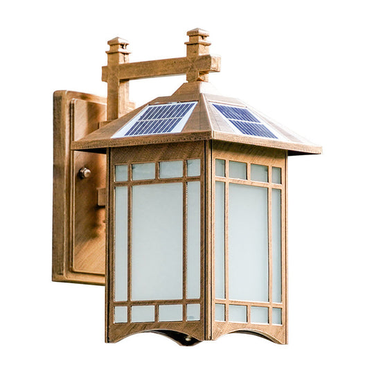 Solar-Powered Led House Sconce Light: Country Black/Brass With Frosted Glass Wall-Mounted Fixture