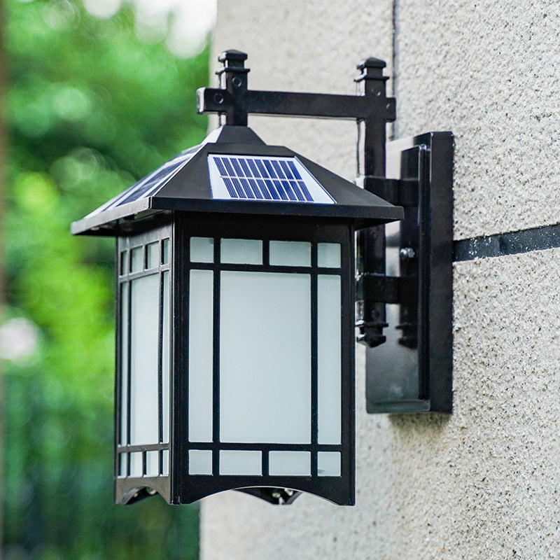 Solar-Powered Led House Sconce Light: Country Black/Brass With Frosted Glass Wall-Mounted Fixture