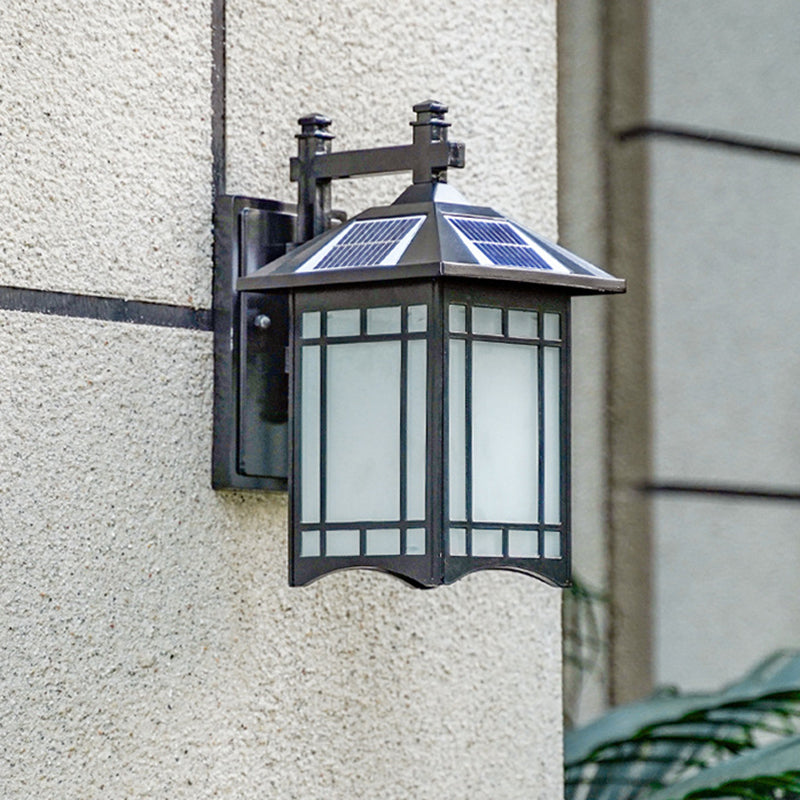 Solar-Powered Led House Sconce Light: Country Black/Brass With Frosted Glass Wall-Mounted Fixture