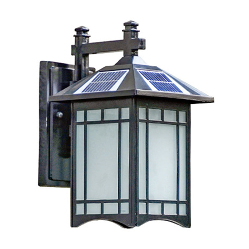 Solar-Powered Led House Sconce Light: Country Black/Brass With Frosted Glass Wall-Mounted Fixture