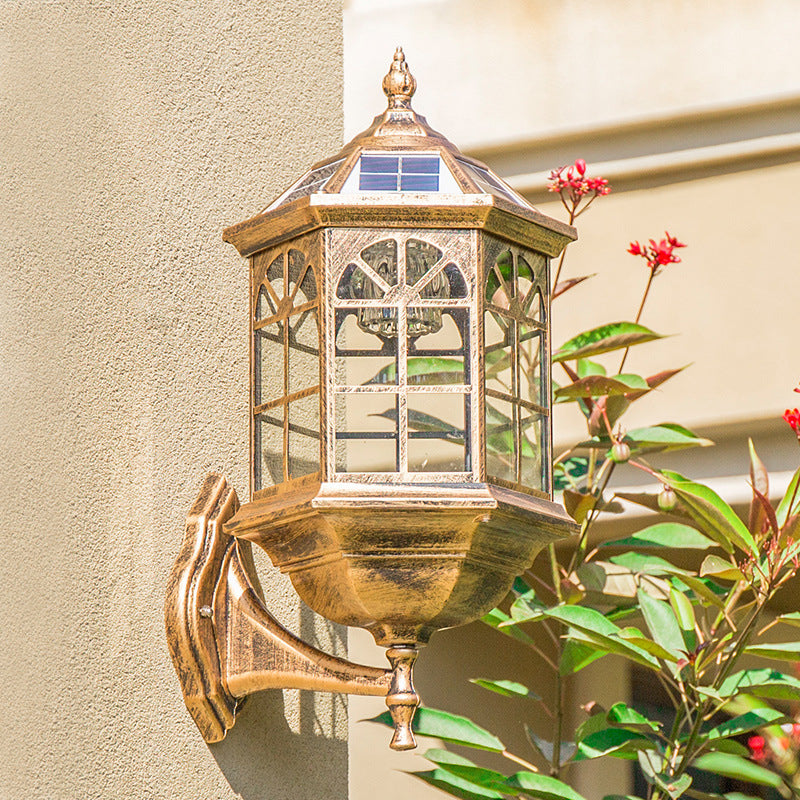 Faceted Glass Solar Wall Sconce With Led Lighting For Outdoor - Black/Brass Traditional Style Brass