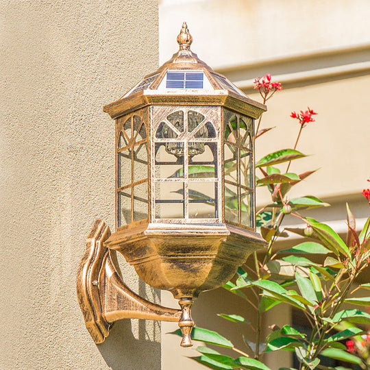 Faceted Glass Solar Wall Sconce With Led Lighting For Outdoor - Black/Brass Traditional Style Brass