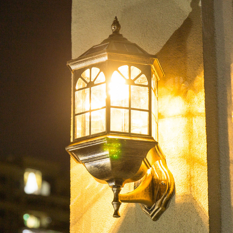 Faceted Glass Solar Wall Sconce With Led Lighting For Outdoor - Black/Brass Traditional Style