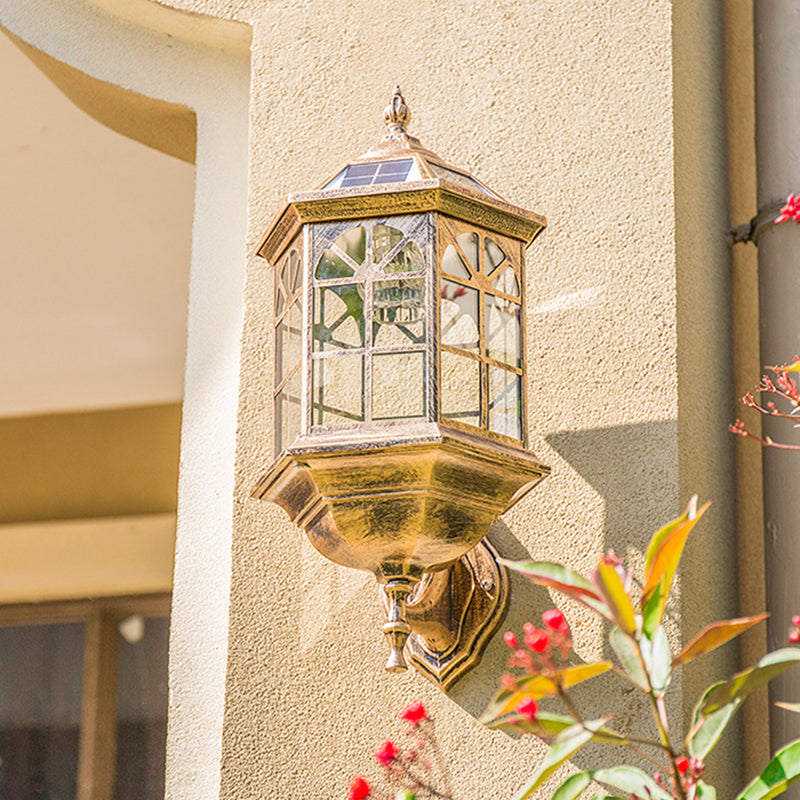 Faceted Glass Solar Wall Sconce With Led Lighting For Outdoor - Black/Brass Traditional Style