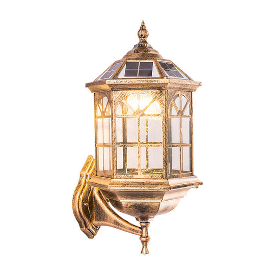 Faceted Glass Solar Wall Sconce With Led Lighting For Outdoor - Black/Brass Traditional Style