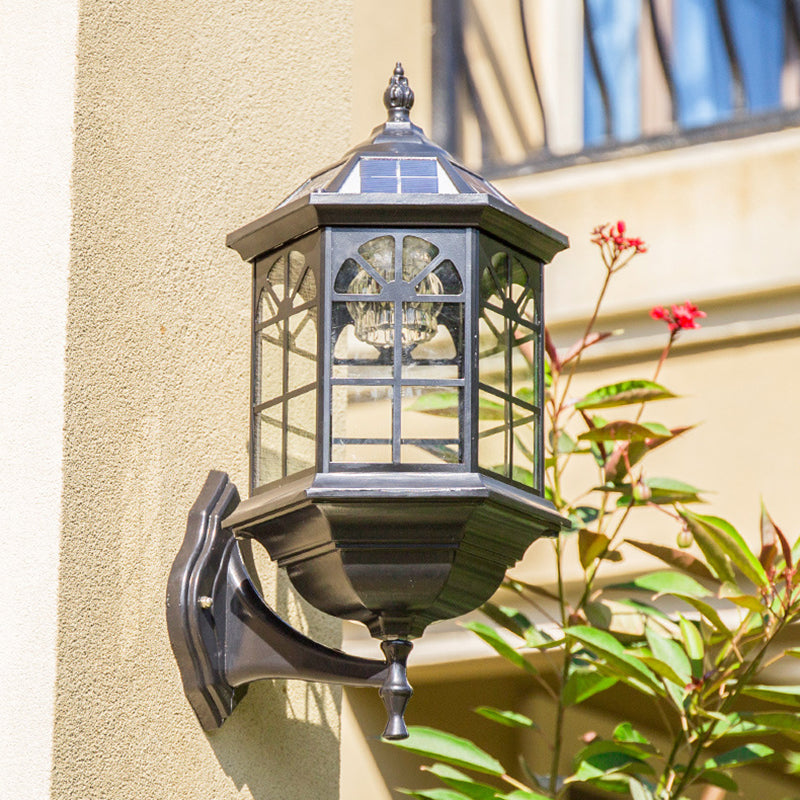 Faceted Glass Solar Wall Sconce With Led Lighting For Outdoor - Black/Brass Traditional Style Black