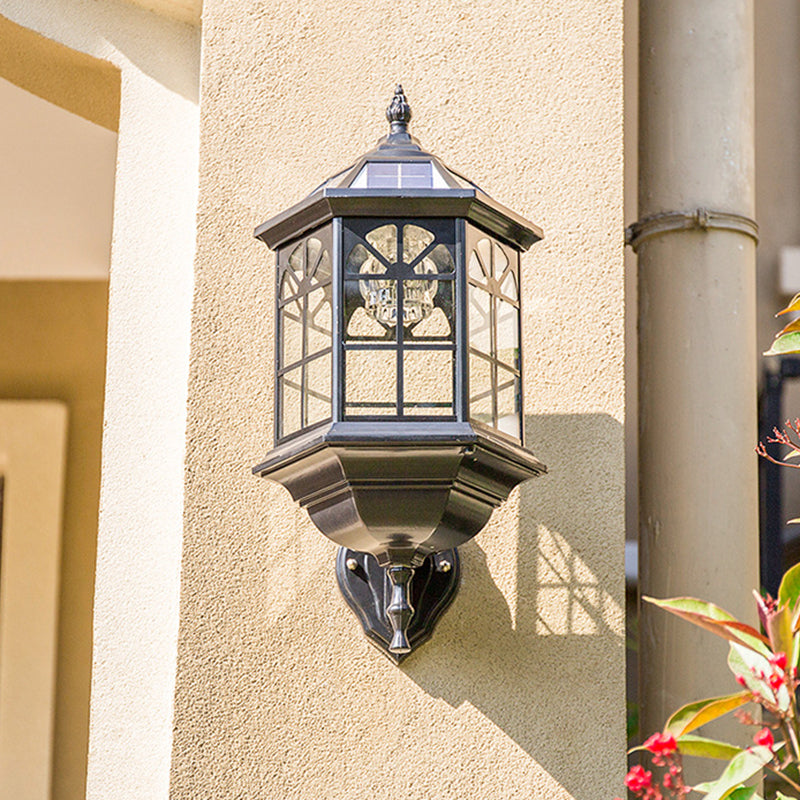 Faceted Glass Solar Wall Sconce With Led Lighting For Outdoor - Black/Brass Traditional Style